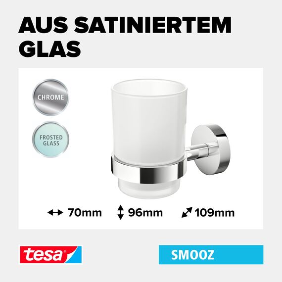 tesa SMOOZ Zahnputzbecher mit Halterung - Becher aus satiniertem Glas, verchromte Wandhalterung - zur Wandbefestigung ohne Bohren, inkl. Klebelösung - 113 mm x 79 mm x 124 mm