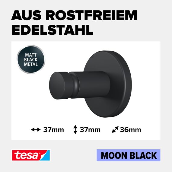 tesa MOON BLACK Handtuchhaken, matt schwarz, für Bad & WC - für Bäder im Industrial Style und moderne Badezimmer - bohrfrei, inkl. Klebelösung - 37 mm x 37 mm x 36 mm