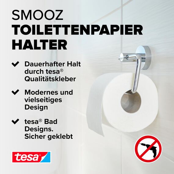 tesa SMOOZ Toilettenpapierhalter, verchromt - WC-Rollenhalter zur Wandbefestigung ohne Bohren, inkl. Klebelösung - 140mm x 100mm x 50mm
