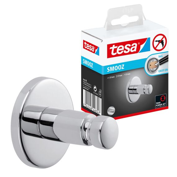 tesa SMOOZ Klebehaken, verchromt, runde Form - Bad-Haken zur Wandbefestigung ohne Bohren, inkl. Klebelösung - 37 mm x 37 mm x 37 mm