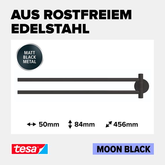 tesa Moon Black Handtuchhalter 2-armig, matt schwarz, für Bad & WC - für Bäder im Industrial Style und Moderne Badezimmer - bohrfrei, inkl. Klebelösung - 84 mm x 50 mm x 456 mm