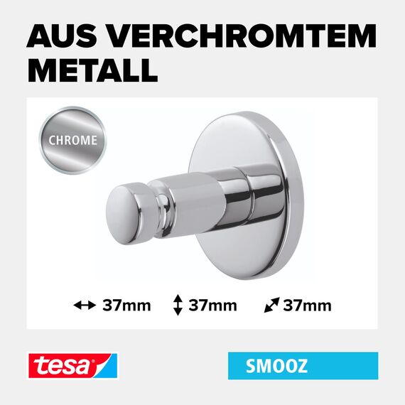 tesa SMOOZ Klebehaken, verchromt, runde Form - Bad-Haken zur Wandbefestigung ohne Bohren, inkl. Klebelösung - 37 mm x 37 mm x 37 mm