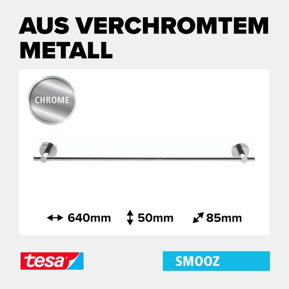 tesa SMOOZ Handtuchstange, verchromt - Badetuchhalter - zur Wandbefestigung ohne Bohren, inkl. Klebelösung - 640mm x 50mm x 85mm