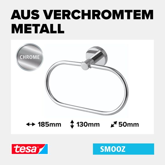 tesa SMOOZ Handtuchring, verchromt - Handtuchhalter-Ring oval - zur Wandbefestigung ohne Bohren, inkl. Klebelösung - 185mm x 130mm x 50mm