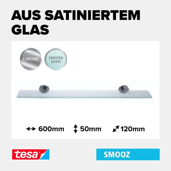tesa SMOOZ Glasablage aus satiniertem Glas, verchromte Halterung - Badablage zur Wandbefestigung ohne Bohren, inkl. Klebelösung - 50 mm x 600 mm x 120 mm