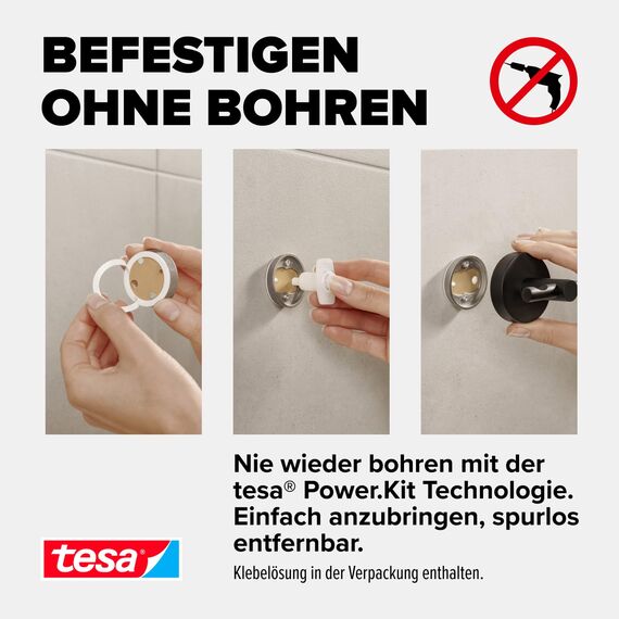 tesa MOON BLACK Duschablage zur Wandmontage ohne Bohren, schwarz matt - einstöckig und extra tief - für Bäder im Industrial Style und moderne Badezimmer - mit Klebelösung - 250 mm x 92 mm x 125 mm