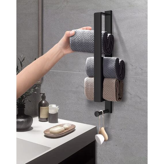 LIVEHITOP Handtuchhalter Schwarz, Selbstklebend Handtuchstange Ohne Bohren Edelstahl 43.5CM Gästehandtuchhalter Badetuchhalter kleber mit Haken für Badezimmer