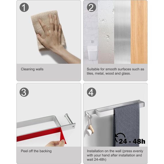 LIVEHITOP Handtuchhalter Ohne Bohren Edelstahl, Selbstklebend Gästehandtuchhalter Handtuchstange Silber Gebürstet 43.5CM Handtuch Halterung mit Haken für Badezimmer