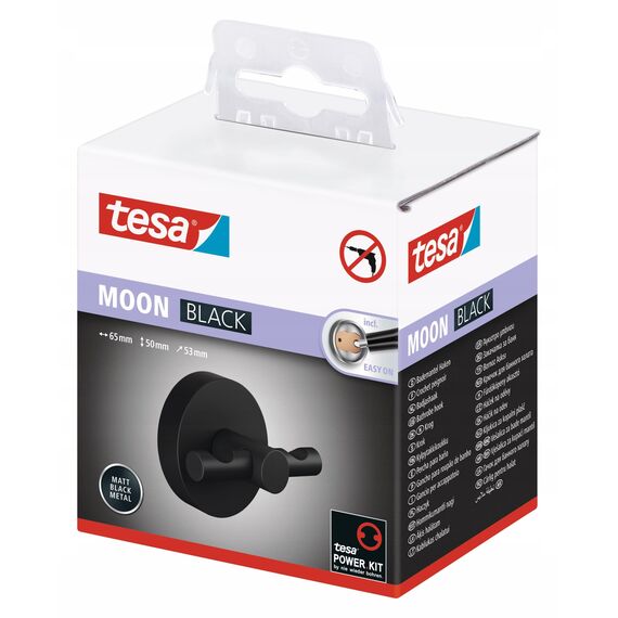 tesa MOON BLACK Bademantelhaken, matt schwarz - für Bäder im Industrial Style und moderne Badezimmer - bohrfrei, inkl. Klebelösung - 65 mm x 50 mm x 53 mm