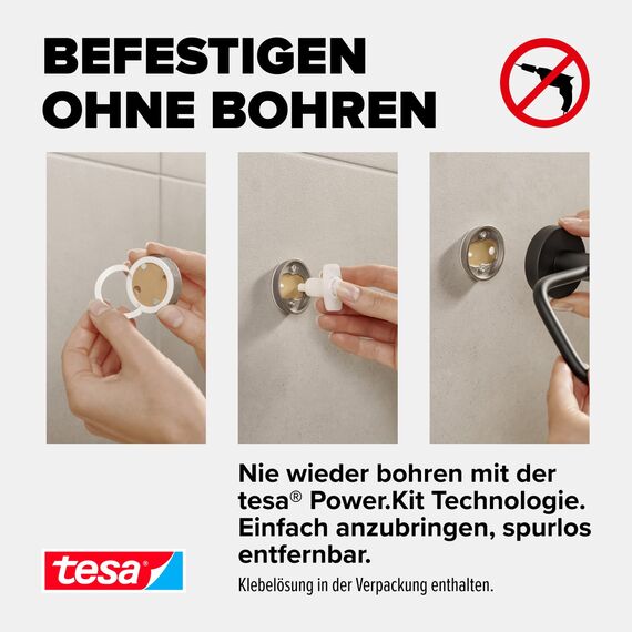 tesa Moon Black Toilettenpapierhalter, matt schwarz - Rollenhalter ohne Deckel für Bäder im Industrial Style und Moderne Badezimmer - bohrfrei, inkl. Klebelösung - 140 mm x 99 mm x 53 mm