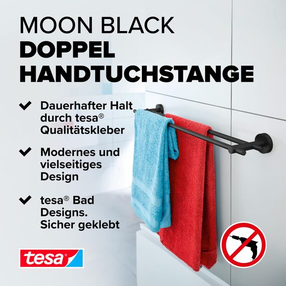 tesa Moon Black Doppel-Handtuchstange, matt schwarz - Badetuchhalter mit 2 Stangen - zur Wandbefestigung ohne Bohren, inkl. Klebelösung - 112 mm x 640 mm x 50 mm