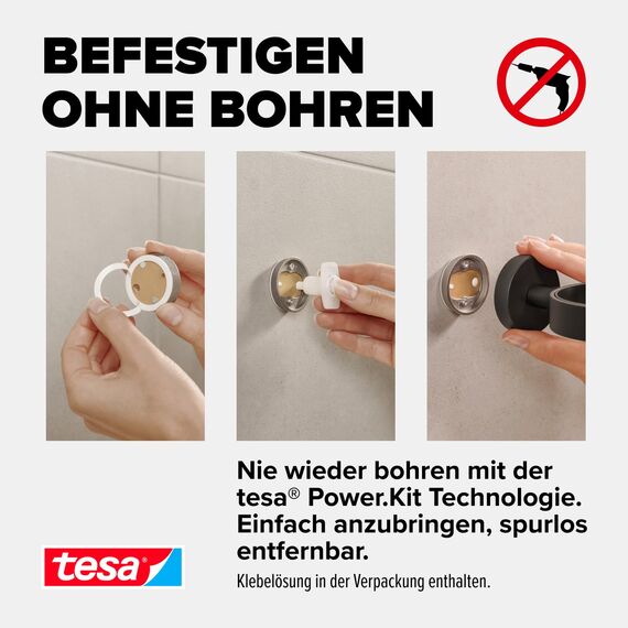 tesa Moon Black Zahnputzbecher aus satiniertem Glas mit Halter, matt schwarz - für Bäder im Industrial Style und Moderne Badezimmer - bohrfrei, inkl. Klebelösung - 70 mm x 96 mm x 109 mm