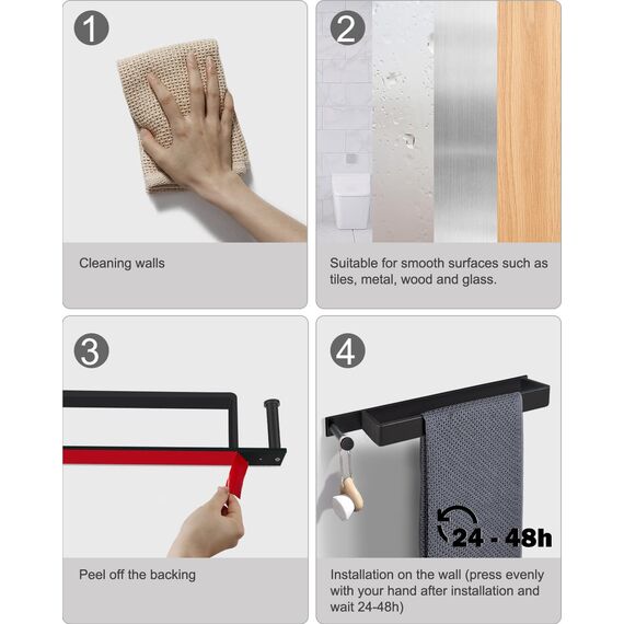 LIVEHITOP 2PCS Handtuchhalter Ohne Bohren, Selbstklebend Handtuchstange Schwarz Edelstahl 43.5CM Gästehandtuchhalter Badetuchhalter kleber mit Haken für Badezimmer