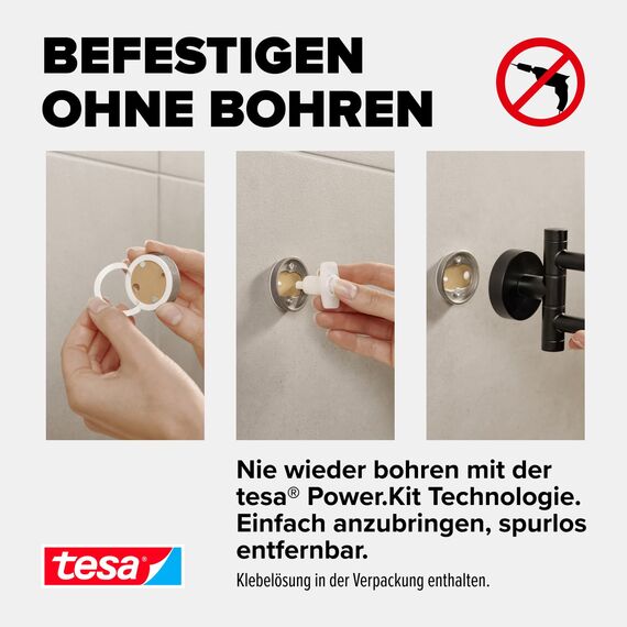 tesa Moon Black Handtuchhalter 2-armig, matt schwarz, für Bad & WC - für Bäder im Industrial Style und Moderne Badezimmer - bohrfrei, inkl. Klebelösung - 84 mm x 50 mm x 456 mm