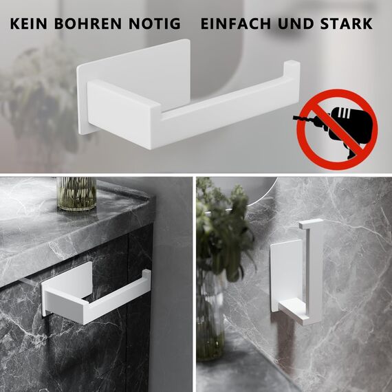 Aikzik Klopapierhalter, Toilettenpapierhalter ohne Bohren, Toilettenpapierhalter Weiß und 2 Stück Klebehaken, Edelstahl Klorollenhalter, Wc Papier Halterung Rollenhalter mit Kleber für Badzimmer