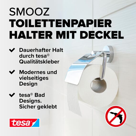 tesa SMOOZ Toilettenpapierhalter mit Deckel, verchromt - WC-Rollenhalter zur Wandbefestigung ohne Bohren, inkl. Klebelösung - 145mm x 130mm x 54mm