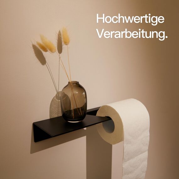 Designfabrik Hamburg Toilettenpapierhalter ohne Bohren | Klopapierhalter zum Kleben | Klorollenhalter Bad | WC Rollenhalter selbstklebend | Toilettenpapierhalter mit Ablage Schwarz | Modernes Design