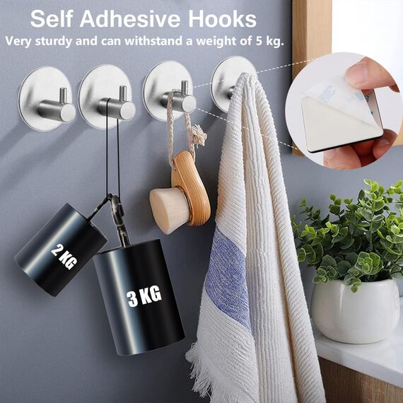 Klebehaken Extra Stark 4 Stück, Haken Ohne Bohren Mit Klebepads Klebehaken Badezimmer Edelstahl SUS 304 Runde Haken Wasserdicht Haken Selbstklebend Multifunktional Für Bad Toilette Küche (Silber)