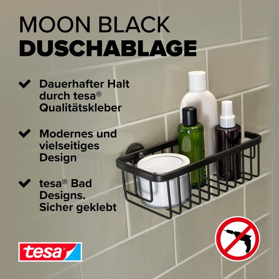 tesa MOON BLACK Duschablage zur Wandmontage ohne Bohren, schwarz matt - einstöckig und extra tief - für Bäder im Industrial Style und moderne Badezimmer - mit Klebelösung - 250 mm x 92 mm x 125 mm
