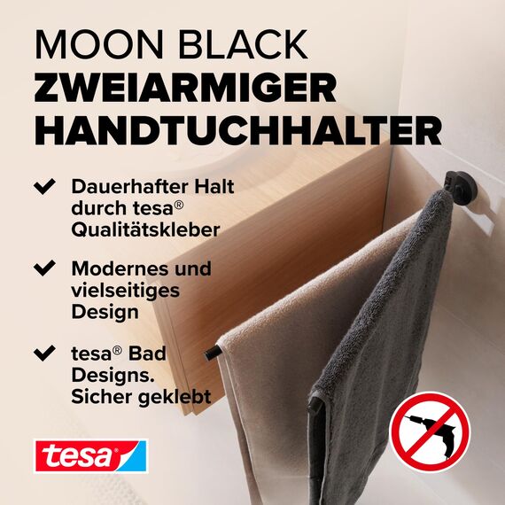 tesa Moon Black Handtuchhalter 2-armig, matt schwarz, für Bad & WC - für Bäder im Industrial Style und Moderne Badezimmer - bohrfrei, inkl. Klebelösung - 84 mm x 50 mm x 456 mm