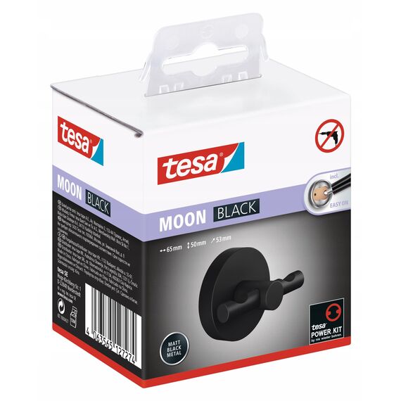 tesa MOON BLACK Bademantelhaken, matt schwarz - für Bäder im Industrial Style und moderne Badezimmer - bohrfrei, inkl. Klebelösung - 65 mm x 50 mm x 53 mm
