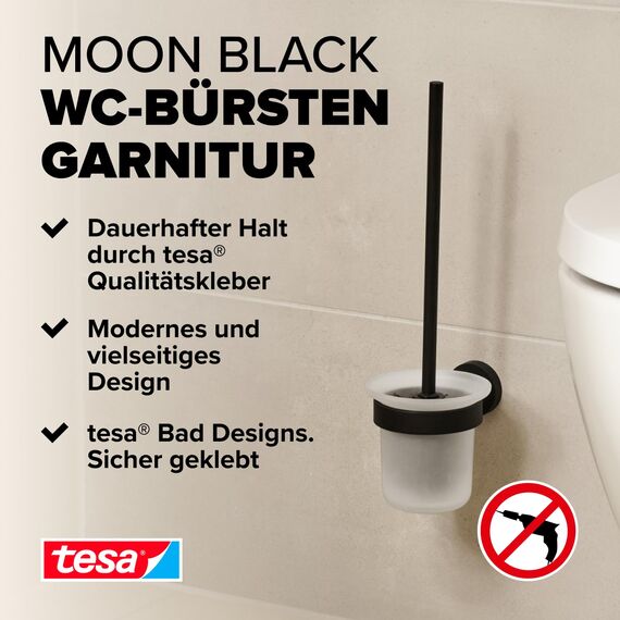 tesa Moon Black WC-Garnitur, Set mit Halter & WC-Bürste, matt schwarz, satiniertes Glas - für Bäder im Industrial Style und Moderne Badezimmer - bohrfrei, inkl. Klebelösung - 112 mm x 379 mm x 145 mm