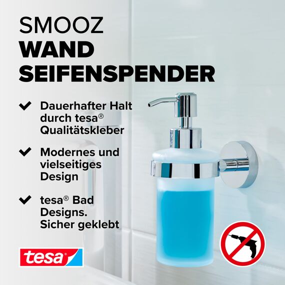 tesa SMOOZ Seifenspender-Set, satiniertes Glas und verchromter Edelstahl - Flüssigseifenspender zur Wandbefestigung ohne Bohren, inkl. Klebelösung - 70mm x 170mm x 126mm