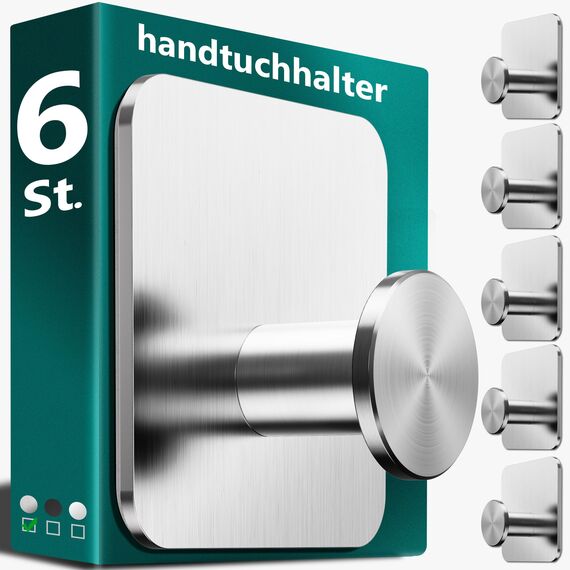 4smile Handtuchhalter ohne Bohren, Silber - 6 Stück Badezimmer Handtuchhalter, Klebehaken aus Edelstahl, moderne Haken für Bad, WC, Küche - Wasserfeste Haken selbstklebend, Handtuchhaken