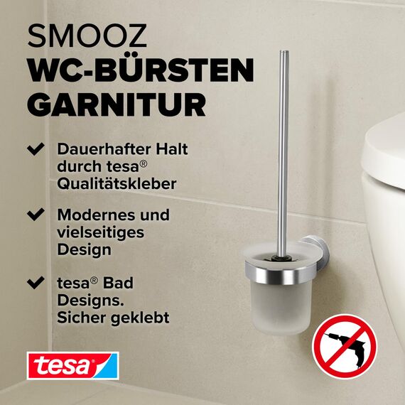 tesa SMOOZ WC-Garnitur, satiniertes Glas und verchromter Edelstahl - Toilettenbürsten-Set zur Wandbefestigung ohne Bohren, inkl. Klebelösung - 137 mm x 97 mm x 410 mm
