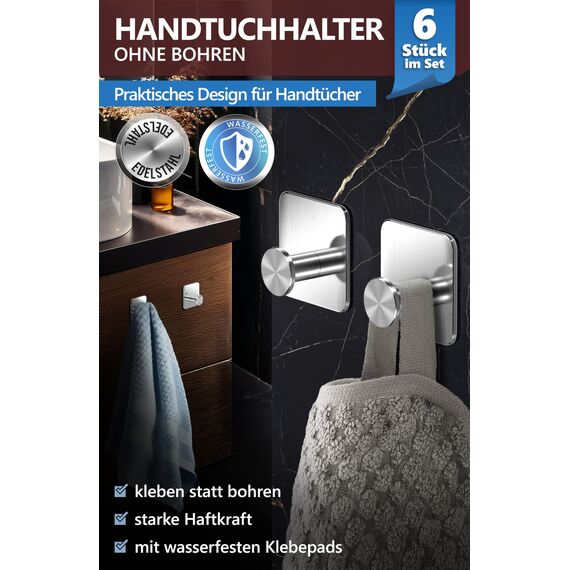 4smile Handtuchhalter ohne Bohren, Silber - 6 Stück Badezimmer Handtuchhalter, Klebehaken aus Edelstahl, moderne Haken für Bad, WC, Küche - Wasserfeste Haken selbstklebend, Handtuchhaken