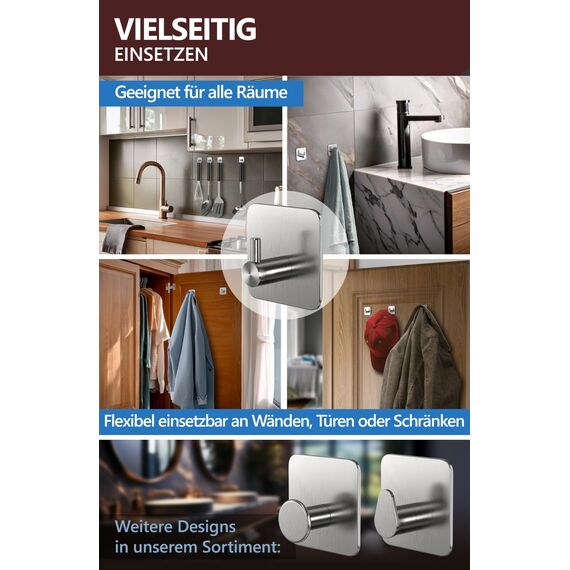 4smile Handtuchhalter ohne Bohren, Silber - 6er-Set Badezimmer Handtuchhalter, Klebehaken aus Edelstahl, wasserfeste Haken für Bad, WC, Küche - Hochwertige Haken selbstklebend, Handtuchhaken