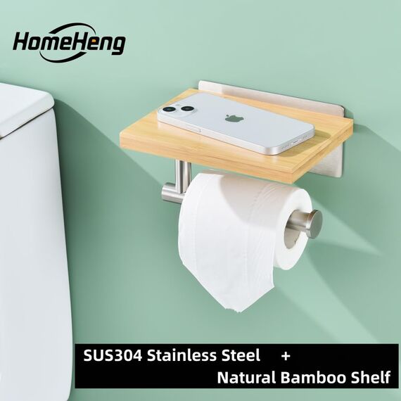 HomeHeng Toilettenpapierhalter mit Natürlichem Bambus Ablage Klopapierhalter Edelstahl Ohne Bohren Klorollenhalter Selbstklebend oder Wandmontage,Gebürsteter Nickel H98903BN