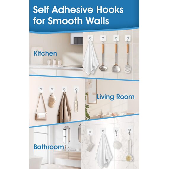 Vehepeay Selbstklebende Groß Haken 8 Stück(Max 20kg), Selbstklebend Haken für Bad, Küche und Wohnzimmer, 304 Rostfreie Stähle Selbstklebende Wandhaken, Starke Klebehaken für große Gegenstände