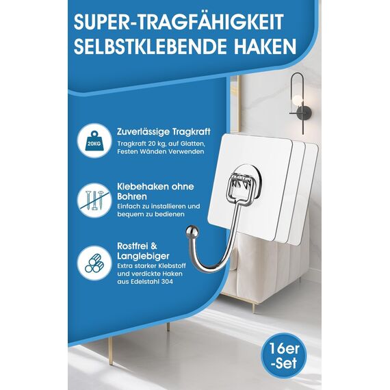 Vehepeay Selbstklebende Groß Haken 24 Stück(Max 20kg), Selbstklebend Haken für ideal für Weihnachtsdekoration, 304 Rostfreie Stähle Selbstklebende Wandhaken, Starke Klebehaken für große Gegenstände