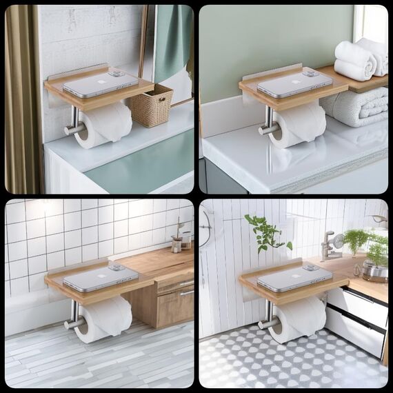 HomeHeng Toilettenpapierhalter mit Natürlichem Bambus Ablage Klopapierhalter Edelstahl Ohne Bohren Klorollenhalter Selbstklebend oder Wandmontage,Gebürsteter Nickel H98903BN