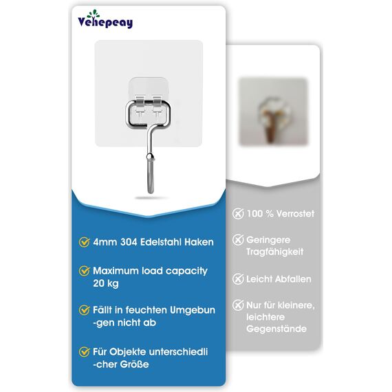 Vehepeay Selbstklebende Groß Haken 16 Stück(Max 20kg), Selbstklebend Haken für Bad, Küche und Wohnzimmer, Rostfreie selbstklebende Wandhaken, Starke Klebehaken für große Gegenstände