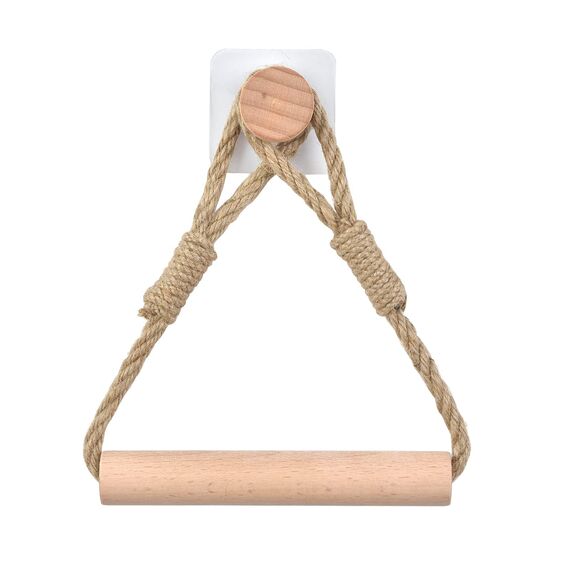 2er Set Toilettenpapierhalter ohne Bohren, Vintage Handtuchhalter aus Seil und Holz, Selbstklebende WC Papier Halterung, Industriestil Bad Dekoration, Boho Design, Geeignet für Badezimmer