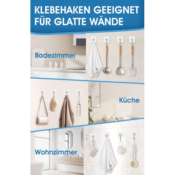 Vehepeay Selbstklebende Groß Haken 16 Stück(Max 20kg), Selbstklebend Haken für Bad, Küche und Wohnzimmer, Rostfreie selbstklebende Wandhaken, Starke Klebehaken für große Gegenstände