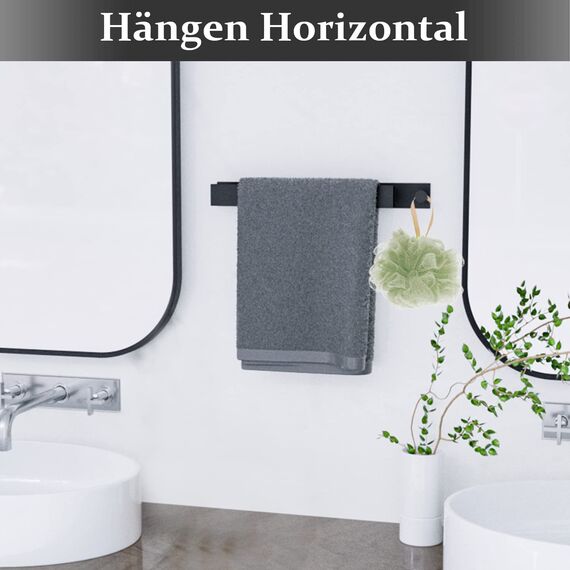 Handtuchhalter Ohne Bohren, Gästehandtuchhalter Selbstklebend, Edelstahl Handtuchstange Wandmontage mit 2 Handtuchhaken für Badezimmer und Küche (40cm,Matt Schwarz)