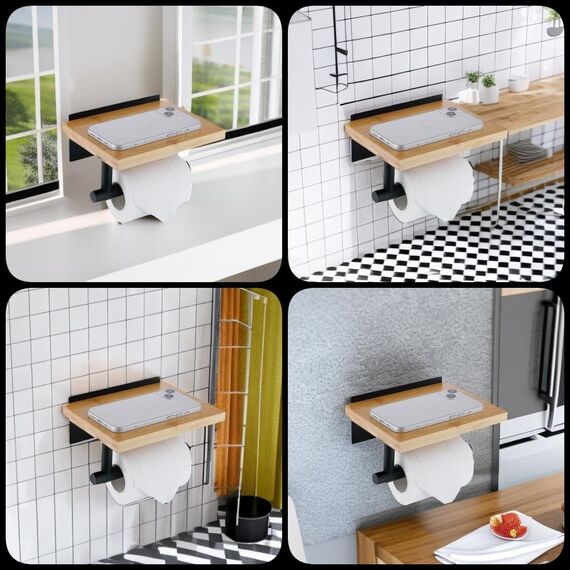 HomeHeng Toilettenpapierhalter mit Natürlichem Bambus Ablage Klopapierhalter Edelstahl Ohne Bohren Klorollenhalter Selbstklebend oder Wandmontage,Matt Schwarz H98903MB