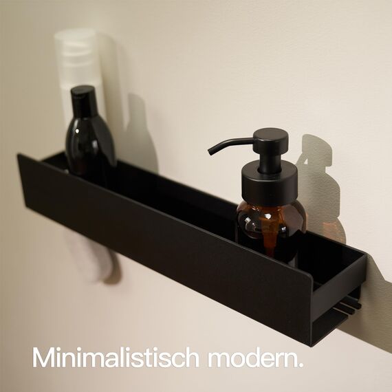 Designfabrik Hamburg Duschablage ohne Bohren | Badezimmer Organizer | Duschregal ohne Bohren | Badregal | Hängeregal | Wandregal | Duschkorb selbstklebend | Duschablage Schwarz 42 cm