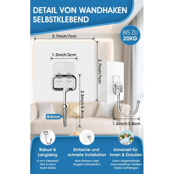 Vehepeay Selbstklebende Groß Haken 16 Stück(Max 20kg), Selbstklebend Haken für Bad, Küche und Wohnzimmer, Rostfreie selbstklebende Wandhaken, Starke Klebehaken für große Gegenstände