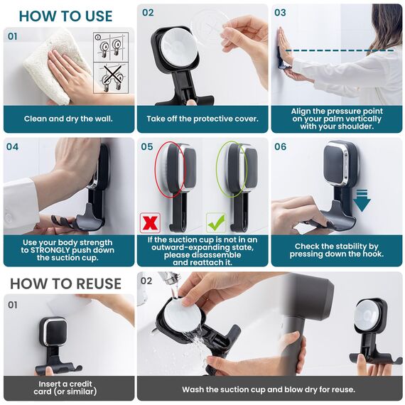 TAILI Saugnapf Rasierklingenhalter für Dusche 2 Pack Vakuum Saug Rasierhaken für Badezimmer, Handtuch, Rasierapparat Aufhänger für Dusche Wand Abnehmbar Wasserdicht Quadratisch Geformt, Schwarz