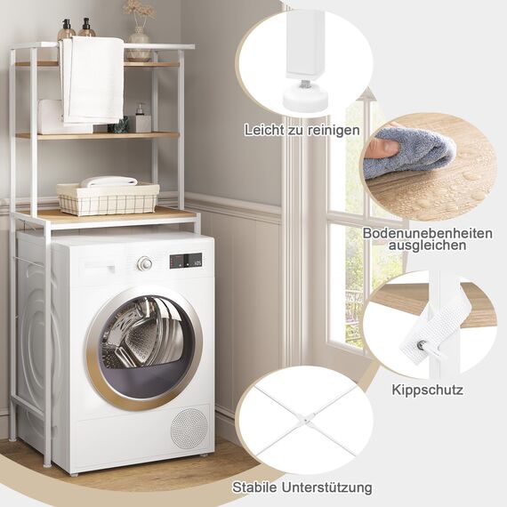 EUGAD Waschmaschinenregal, WC Regal über Waschmaschine Toilette, Waschmaschinenschrank Überbauschrank, Toilettenschrank, 3 Ablagen, Handtuchhalter, Metall Holzwerkstoff, 67x162x40 cm, Weiß