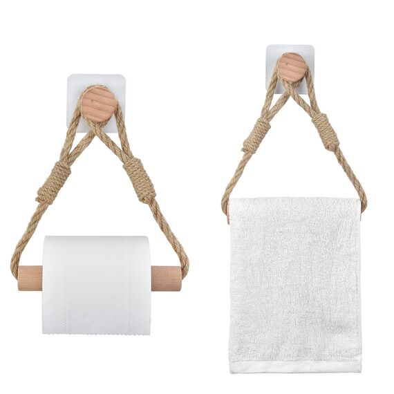 2er Set Toilettenpapierhalter ohne Bohren, Vintage Handtuchhalter aus Seil und Holz, Selbstklebende WC Papier Halterung, Industriestil Bad Dekoration, Boho Design, Geeignet für Badezimmer