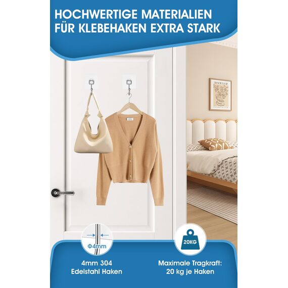 Vehepeay Selbstklebende Groß Haken 16 Stück(Max 20kg), Selbstklebend Haken für Bad, Küche und Wohnzimmer, Rostfreie selbstklebende Wandhaken, Starke Klebehaken für große Gegenstände