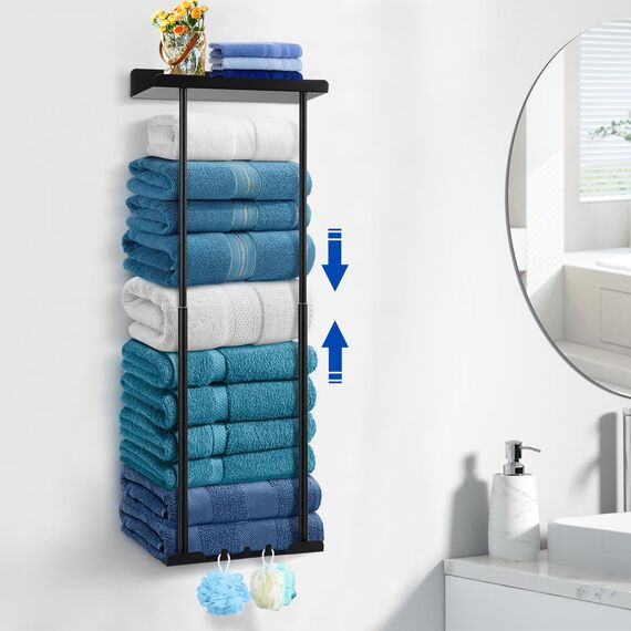 Asdsed Edelstahl Handtuchhalter ohne Bohren, Ausziehbar Handtuchregal mit großem Stauraum – selbstklebendes Gästehandtuchhalter Badetuchhalter für Bad & Küche, 38-75 cm, schwarz