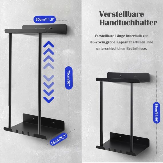 Asdsed Edelstahl Handtuchhalter ohne Bohren, Ausziehbar Handtuchregal mit großem Stauraum – selbstklebendes Gästehandtuchhalter Badetuchhalter für Bad & Küche, 38-75 cm, schwarz