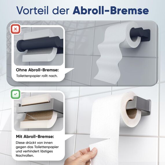 WOHNHELD® Toilettenpapierhalter ohne Bohren | Mit Abroll-Bremse | Extrem stabile Klebemontage | Edelstahl WC Klopapierhalter Silber | Links geöffnet