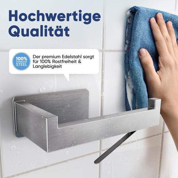 WOHNHELD® Toilettenpapierhalter ohne Bohren | Mit Abroll-Bremse | Extrem stabile Klebemontage | Edelstahl WC Klopapierhalter Silber | Rechts geöffnet